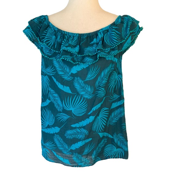 Boden Hettie Double Ruffle Pompom Top in Woodland Green Jungle Palm - 10 - Picture 4 of 15